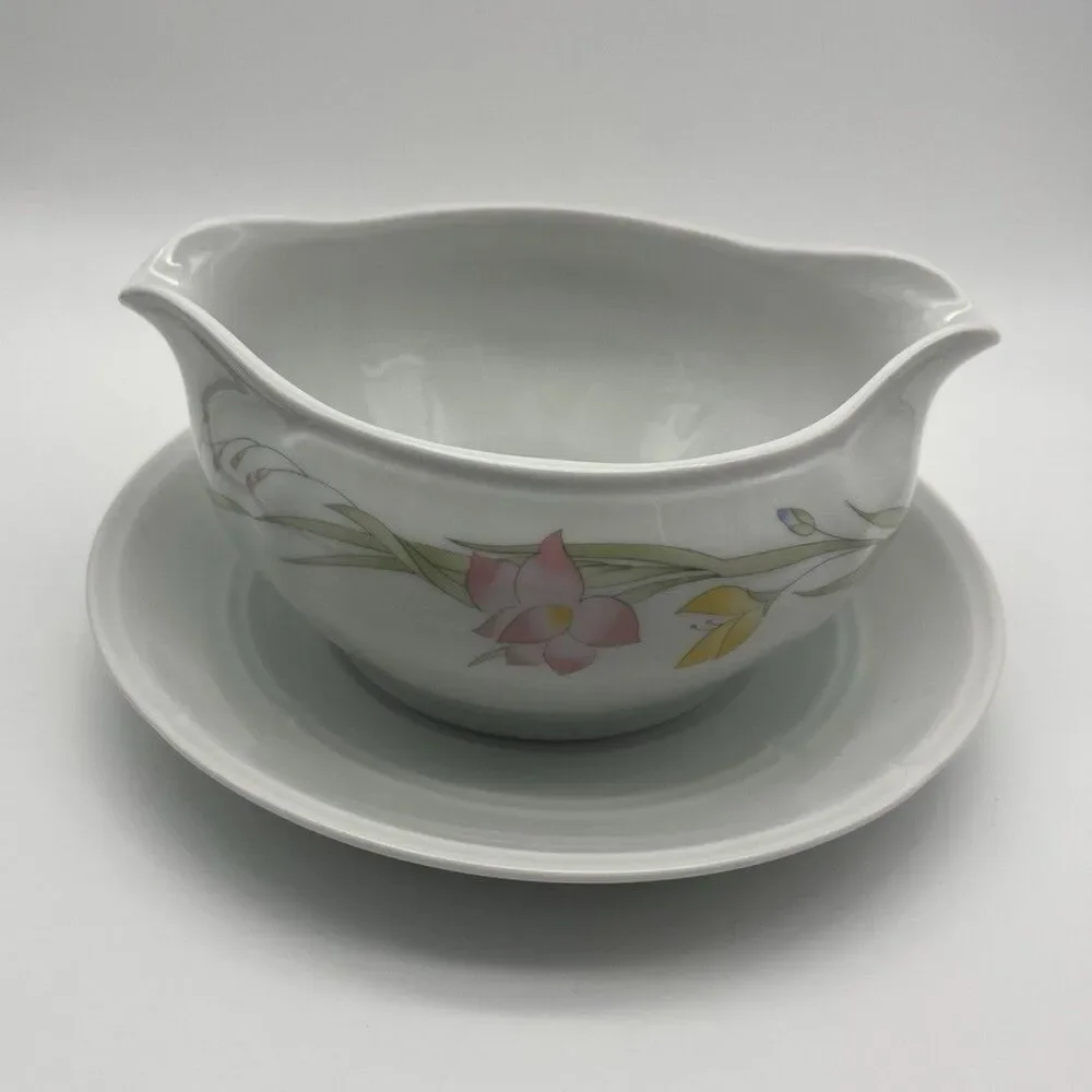 French Garden Porcelain Floral Gravy Boat, with attached plate, from Japan